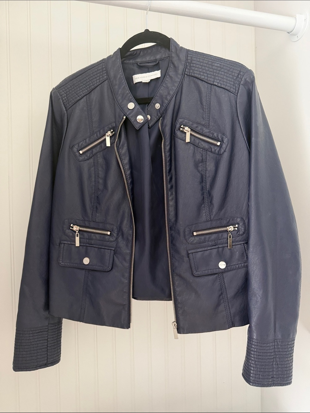 Blank NYC Navy Faux Leather Moto Jacket with Silver Hardware